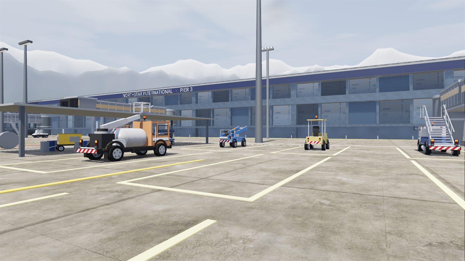 Ground-support machines parked in marked bays in the equipment yard, terminal behind.